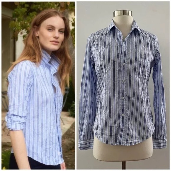 Frank and Eileen Barry Relaxed Crinkle Button Up Shirt White Blue Pinstripe Sz S - Picture 1 of 12